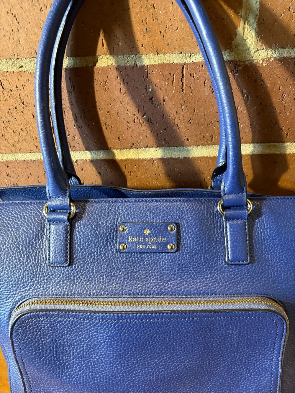 kate spade Blue Pebbled Leather Tote with Front Zip Pocket